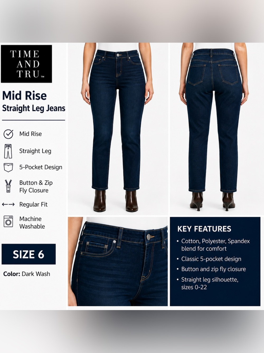 NWT Time and Tru Mid Rise Straight Leg Jeans in Dark Wash Size 6